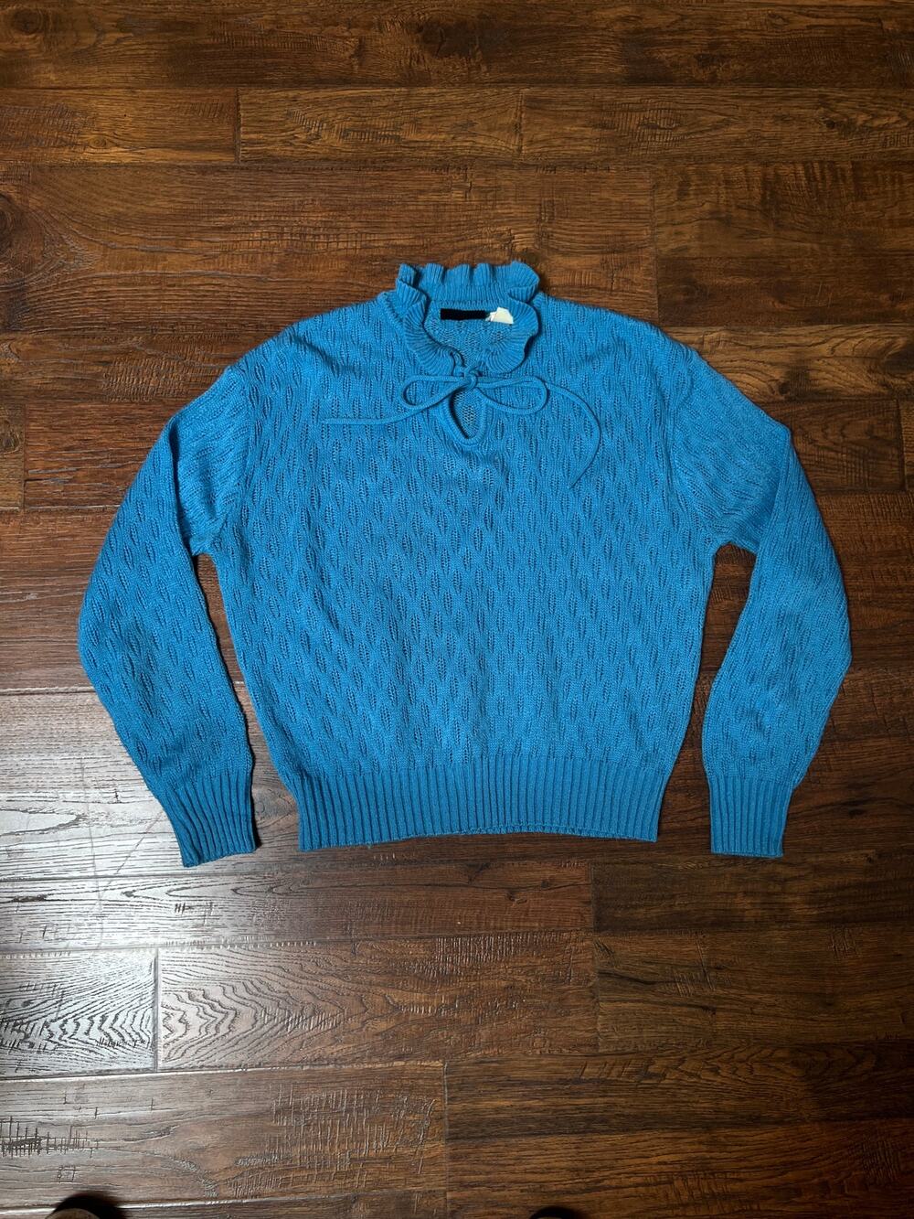 Vintage Gianni Benini Sweater Robin's Egg Blue Open Knit Tie Neck Pullover MED